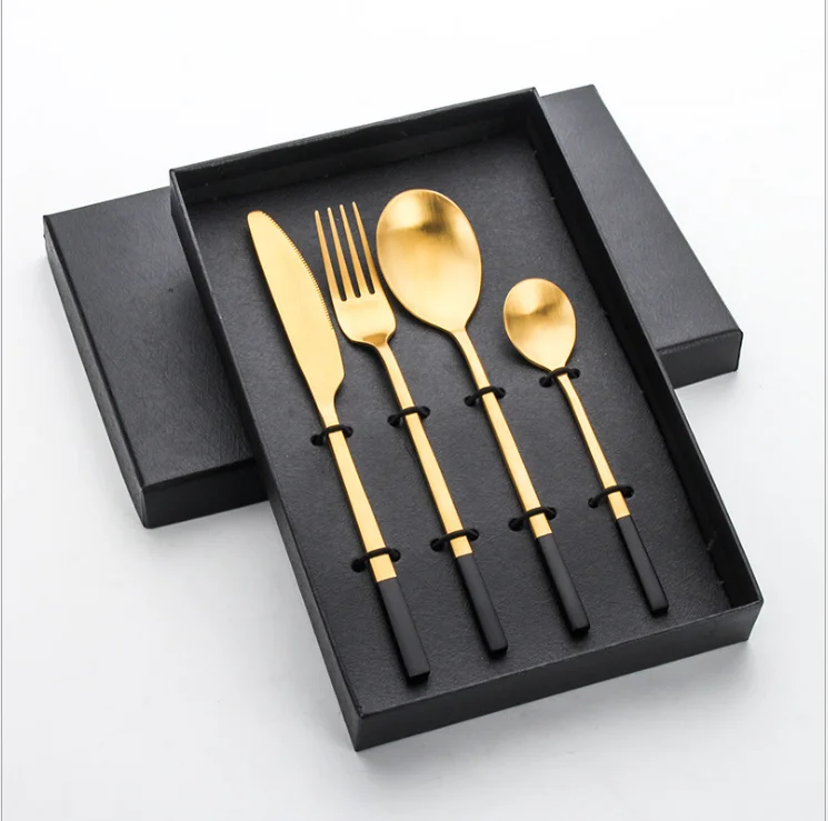 

New Design Gold Plating PVD Coating Stainless Steel Flatware Set Knife Spoon Fork Colorful Cutlery With Box, Silver,gold,rose gold,black,gold with black ,black and white