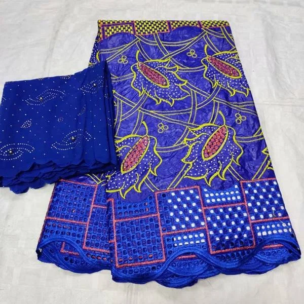 

AN0017 New Design embroidery african bazin lace with bead 5yards +2yards net lace fabric