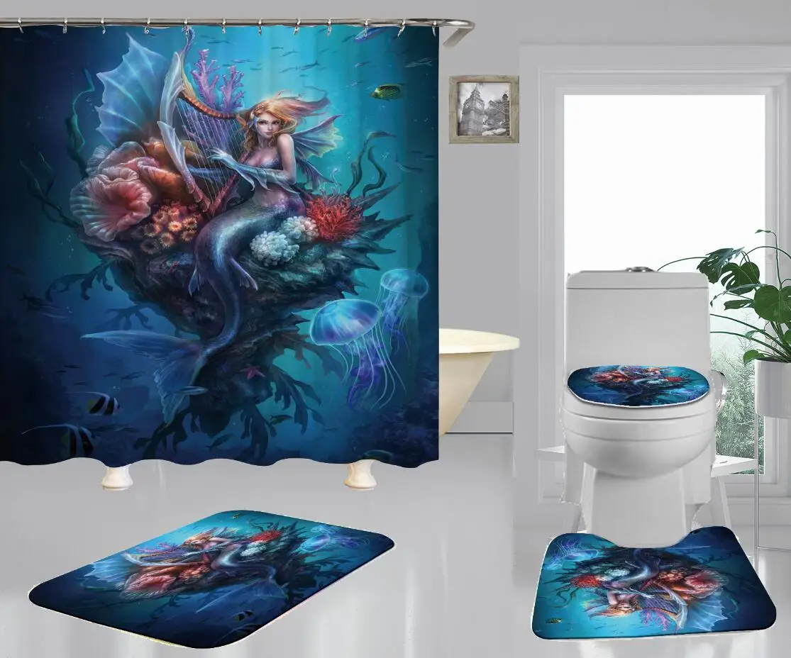 

Fairy Tale Mermaid Dream Printed Shower Curtain Toilet Mat 4PCS Sets