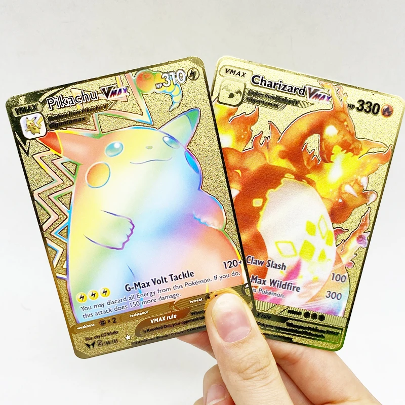 

NEW Design Rainbow Pikachu Charizard Vmax Playing Card Gold Metal Game Carte pokemon playing cards