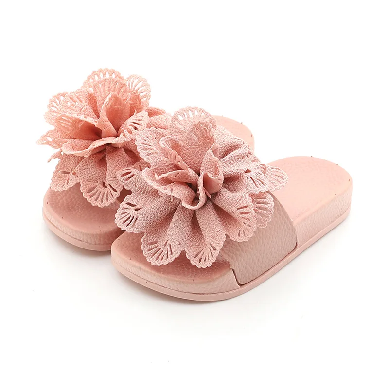 
Girls Solid Flower Anti-slip Slippers Kids Outside Summer Footwear With Soft Bottom Green Pink Red Drop Shipping Slippers 