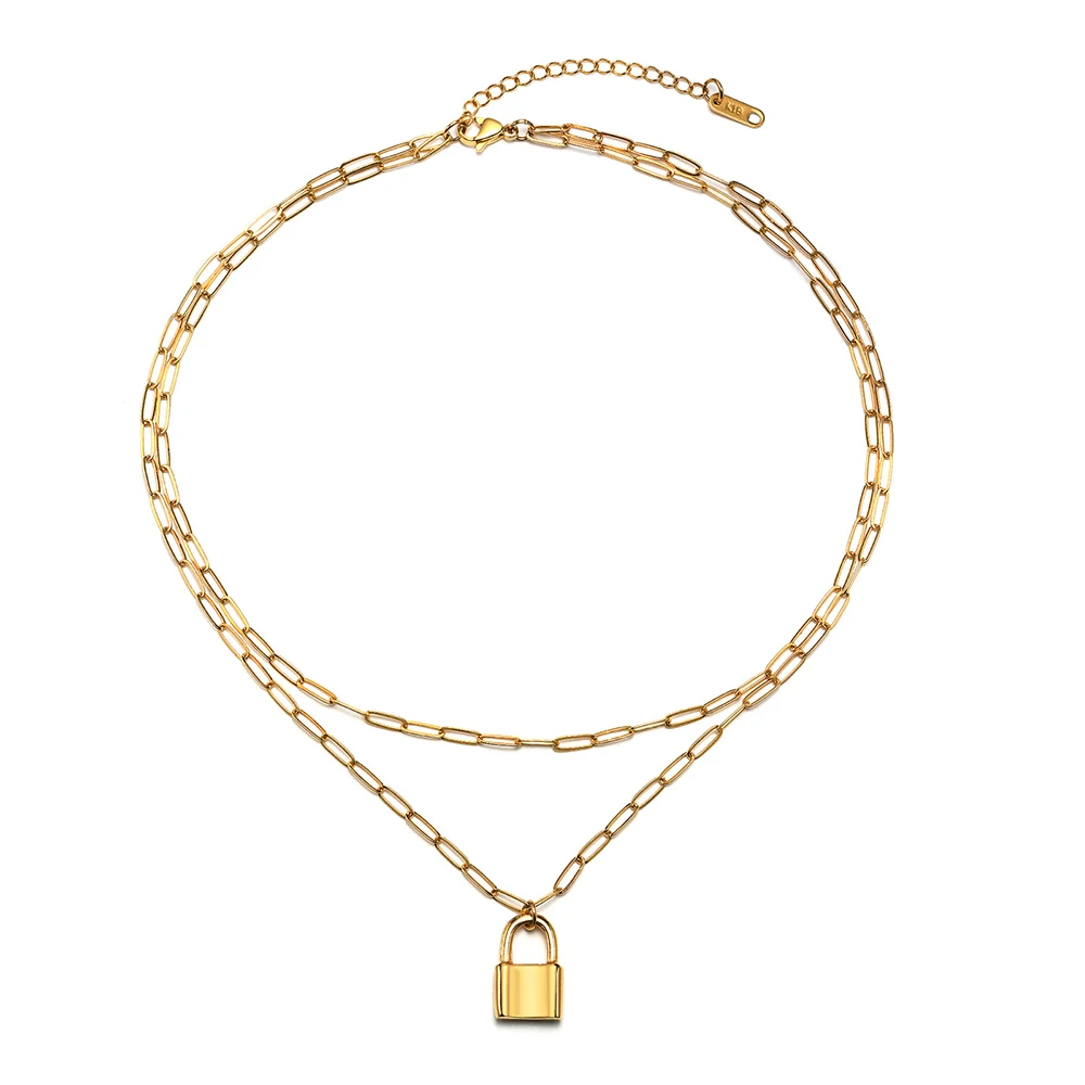 Stainless Steel Flat Long O Chain Lock Pendant Double Layered Chain Gold Plated Women Necklace