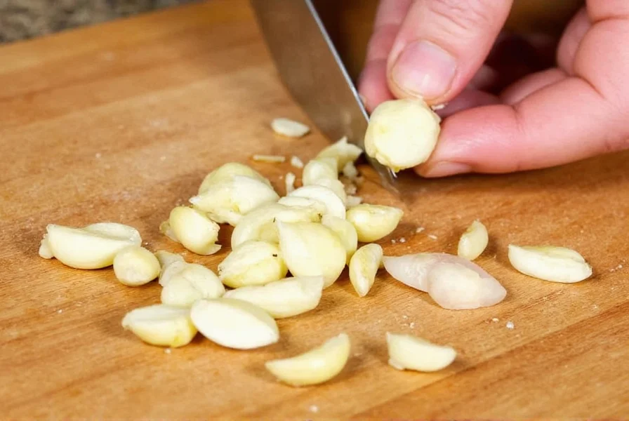 Fresh garlic cloves being minced on wooden cutting board for garlic pepper chicken recipe