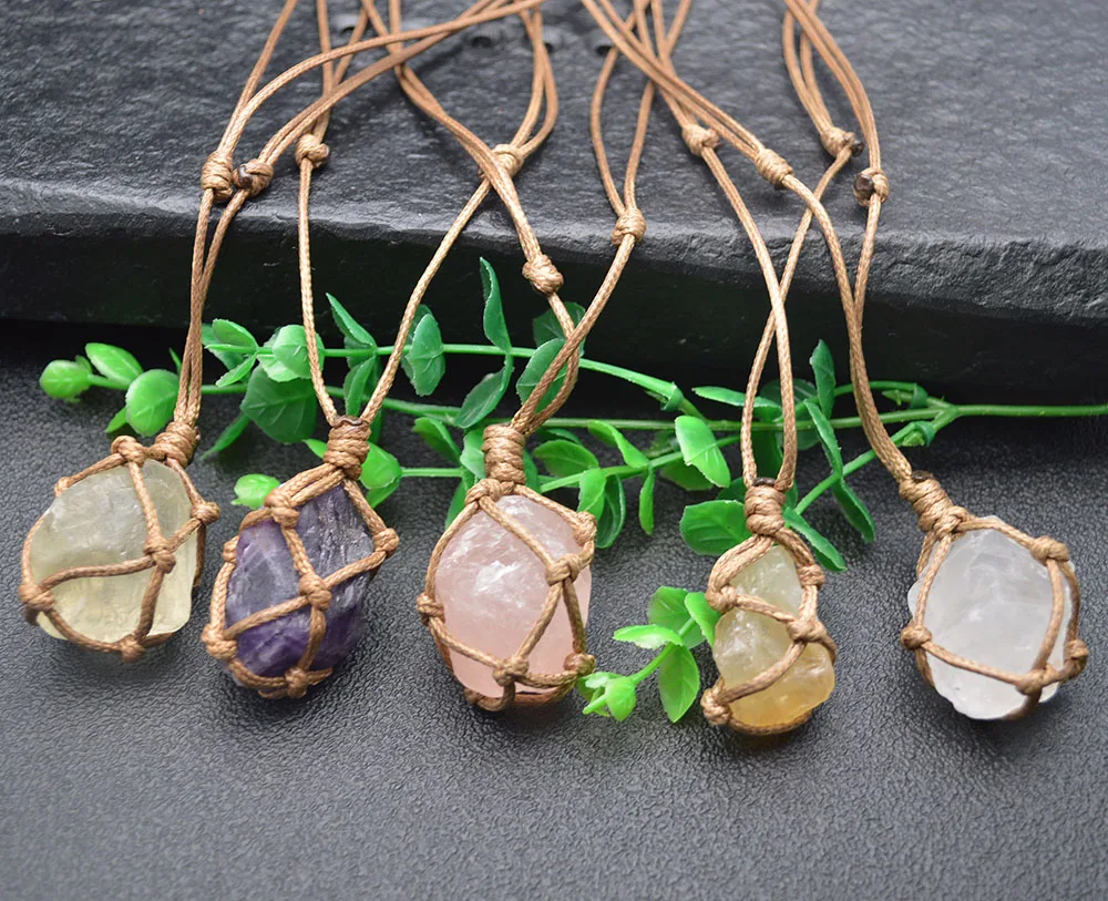

Original Frugal Natuarl Rough Gemstone Nugget Pendant Handmade Knotted Wax cord Weave Chains Necklace Jewelry