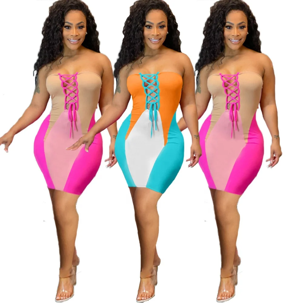 

MT374-7505 2021 new arrivals fashion sexy dress women summer one piece splicing tube top strap dress short skirt