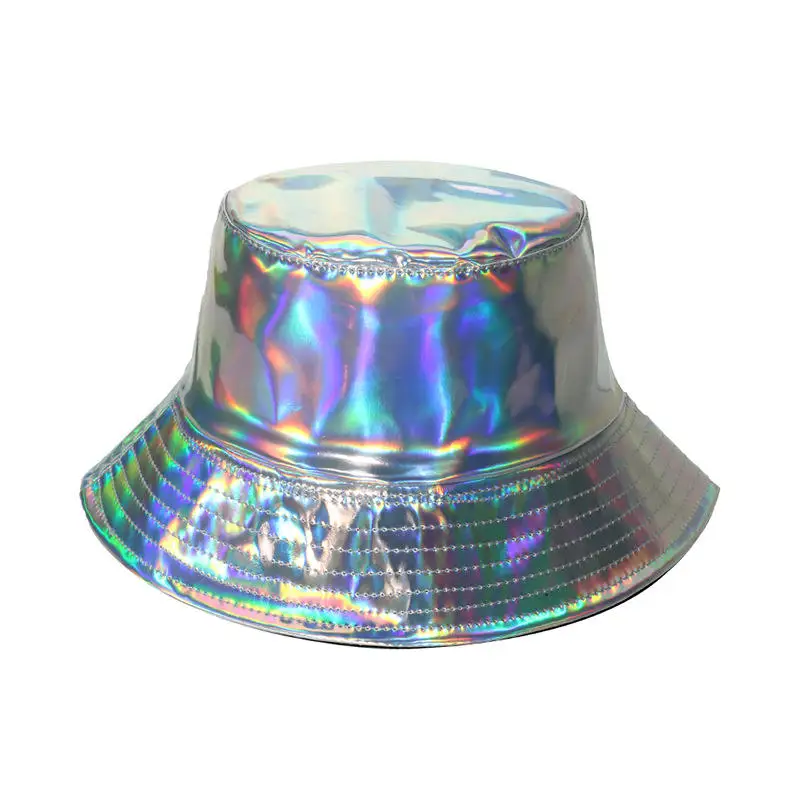 

Unisex PU Leather Bucket Hat Reversible Double Side Wear Silver Holographic Bucket Hat Cap Waterproof Outdoor Travel Sunhat