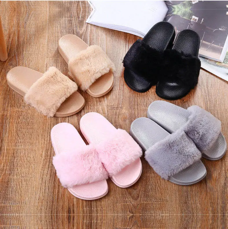 

2020 New Popular Fluffy Flat Sandals plush Slippers Open Toe Women Pure color Soft Fur Slides Slippers women fur slippers, Pink/black/grey/khaki/mint green