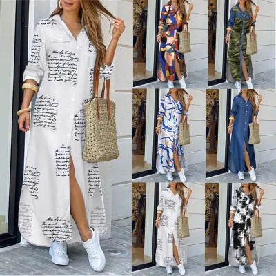 

Letter Camouflage Printed Long Dress Women Split Long Sleeve Casual Loose Female Maxi Dresses Summer 2020 Fashion Lady Vestidos