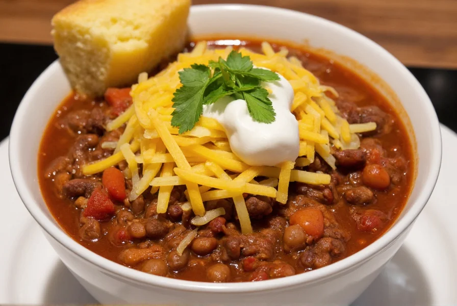 Bowl of beef and bean chili topped with shredded cheese, sour cream, and fresh cilantro, served with cornbread wedge