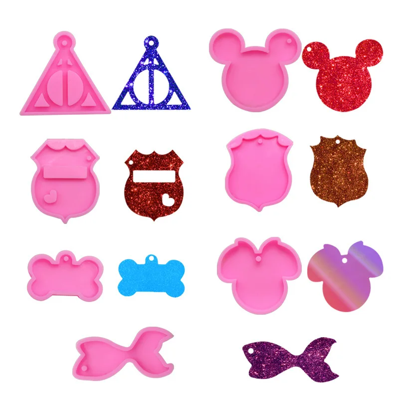 

Hot Selling Glittering Dog Bone Police Badge Magic Boy Mouse Head Fish Tail Resin Epoxy Silicone Keychain Mold For Charm Pendant