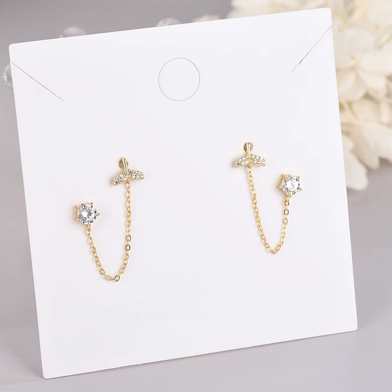 

Wholesale 925 Sterling Silver CZ stone fishtail Jewelry Double Piercing Chain Connected Earring, Picture