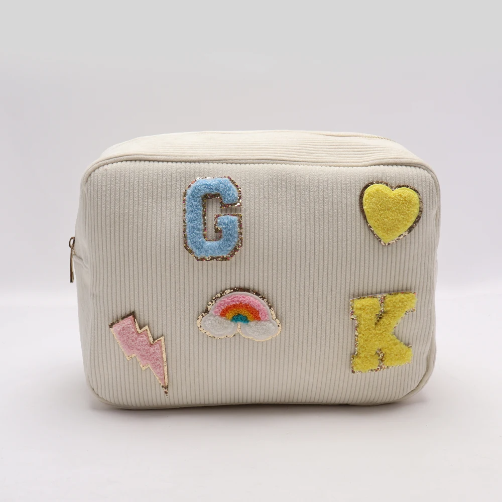 

RTS Soft Corduroy Recycled White Color Large Cosmetic Personalized Makeup Bag With Custom Glitter Chenille Patch Logo