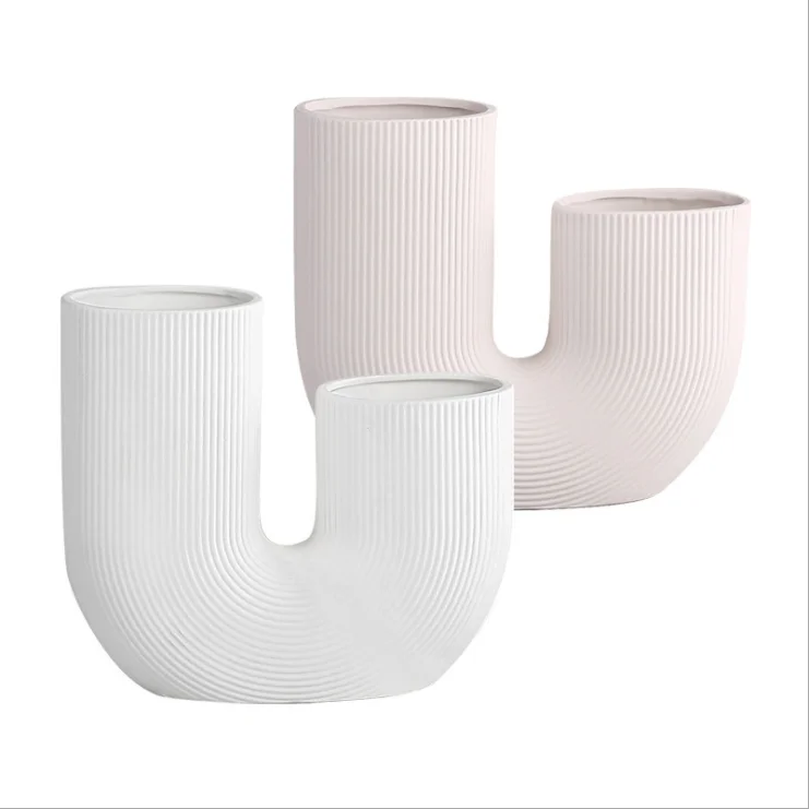 

Amazon Hot Selling U- Shape White Creative Decorative Ceramic Crafts Vase Home Decor Office Desktop