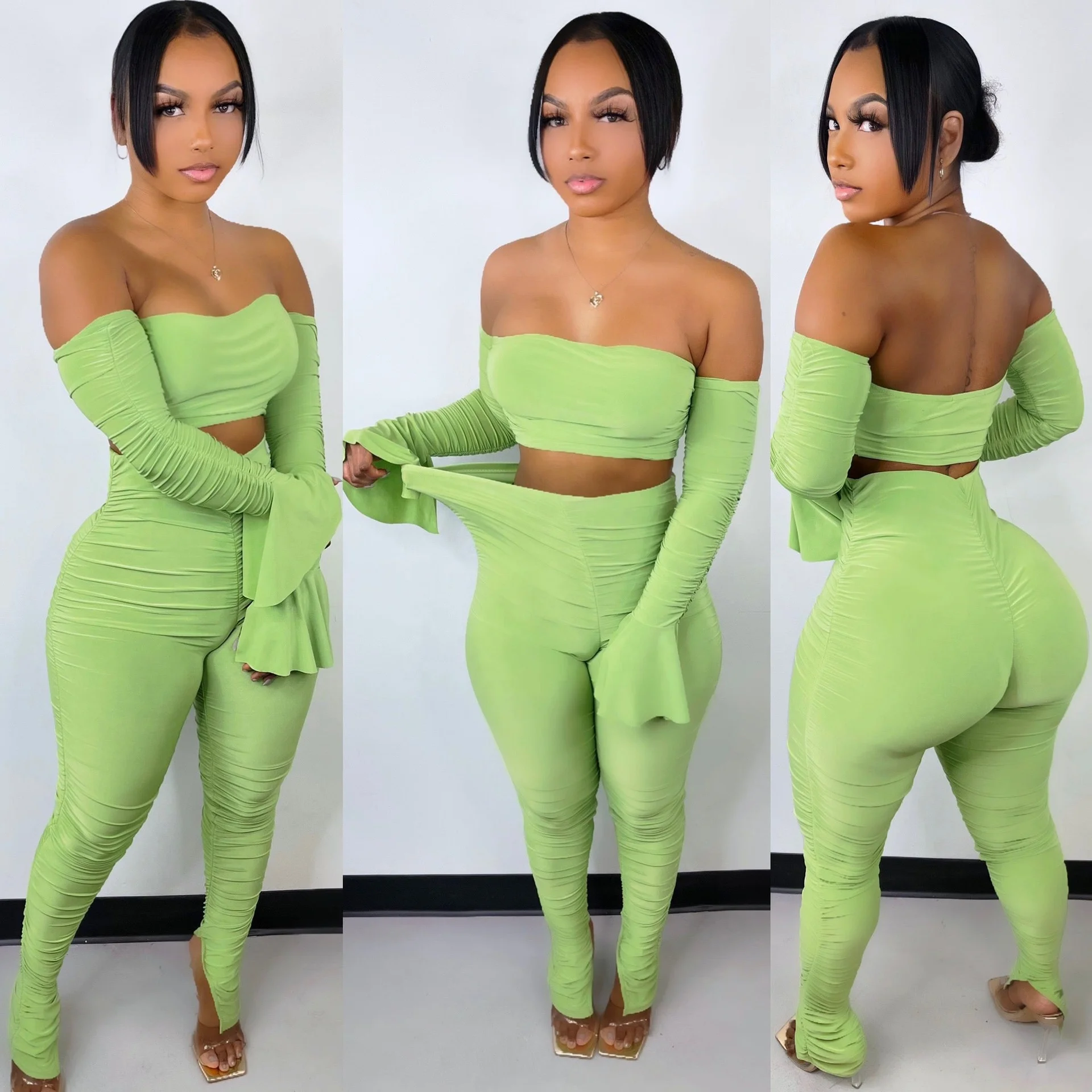 

OUDINA AliExpress Women's Clothing Spring Solid Color Pleated Sexy Tops Joggers Stacked Pants Two Piece Sets, Black/green