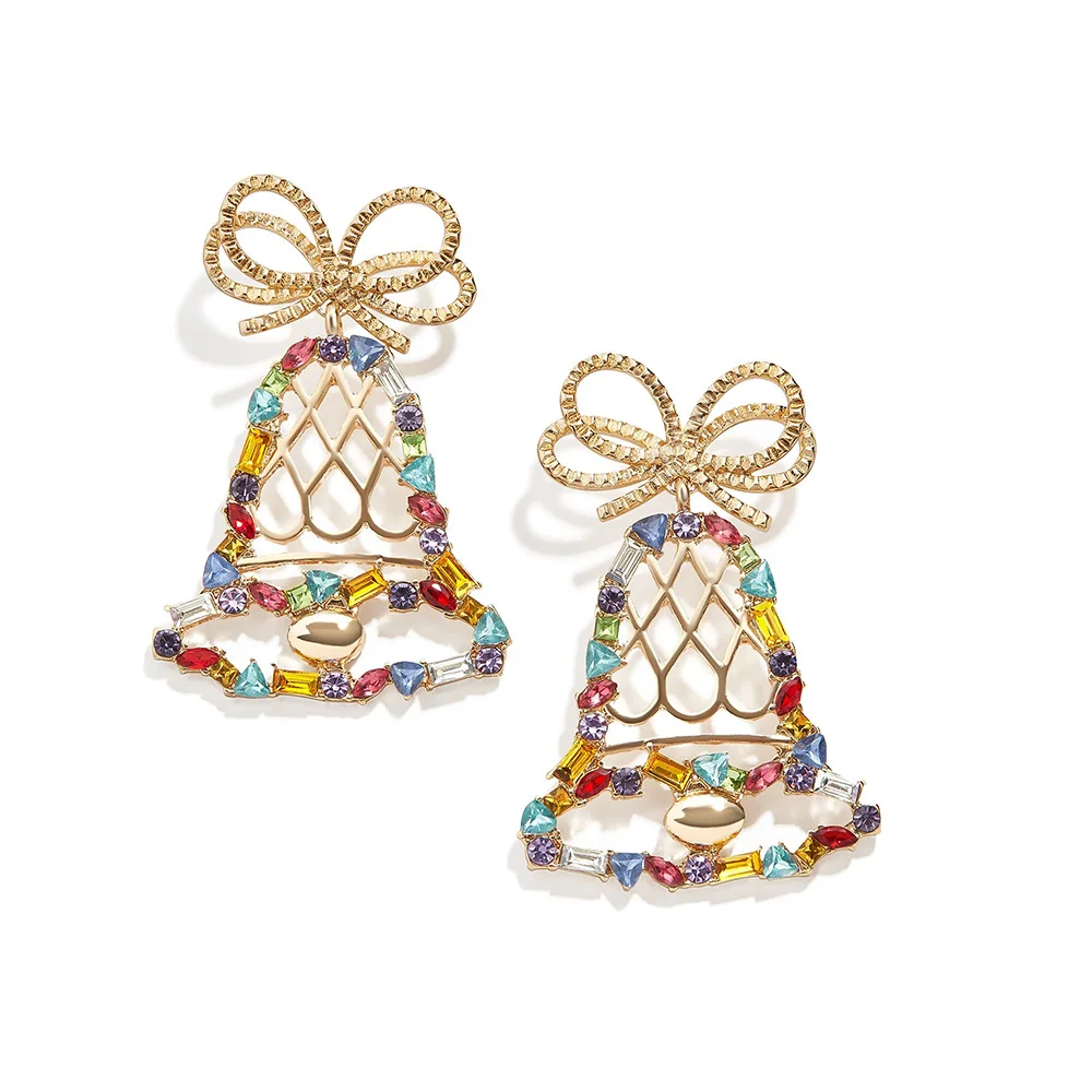 

JUHU New colorful crystal diamond Christmas bell alloy ear buckle simple cute earring classic metal alloy jewelry for women, Gold