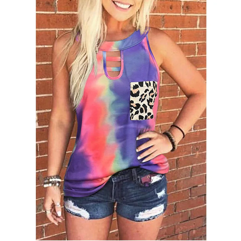 

Women Tie Dye Tank Leopard Pocket Hollow Out Camisole, Photo show