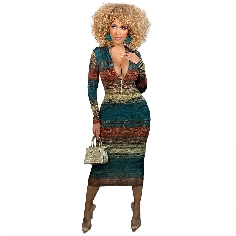 

long sleeve v neck zipper full length 360 print dresses women, Casual colors