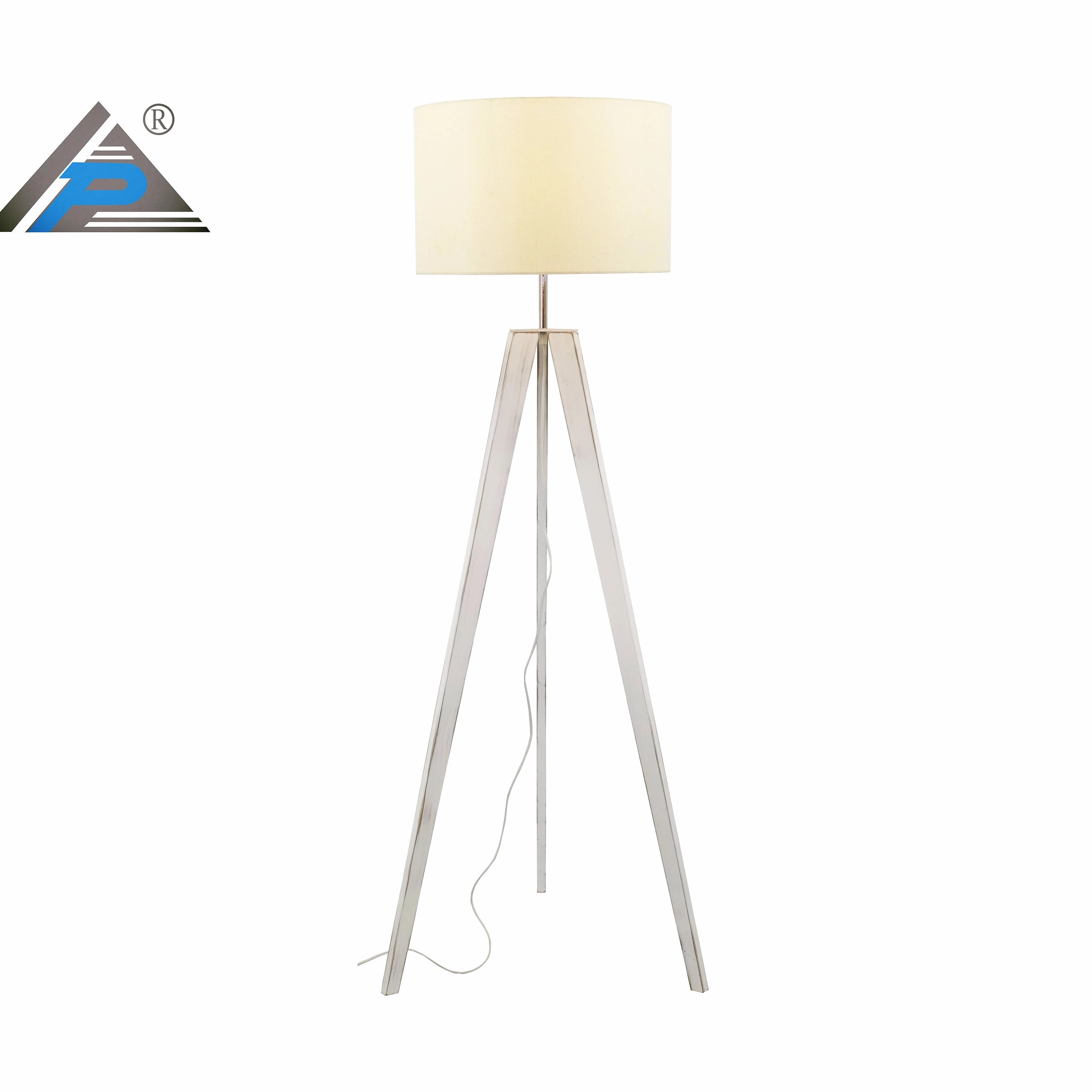 Vintage Retro Wood Tripod Floor Lamp with Fabric Shade with Faded White Vintage Look