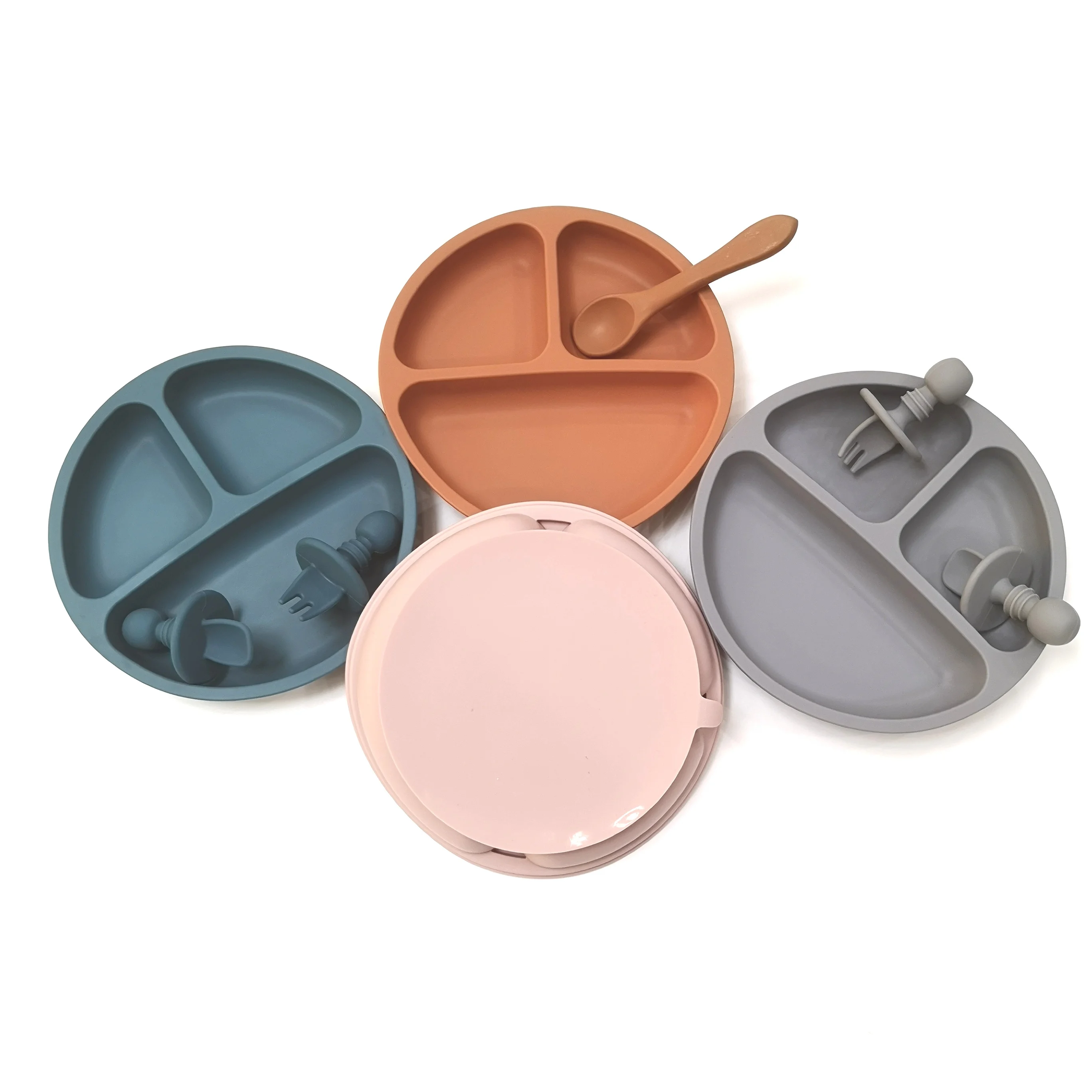 

Custom Color Children Toddler Three Divided Baby Silicone Suction Placemat Plate with Spoon, Blue, pink, light green, customized