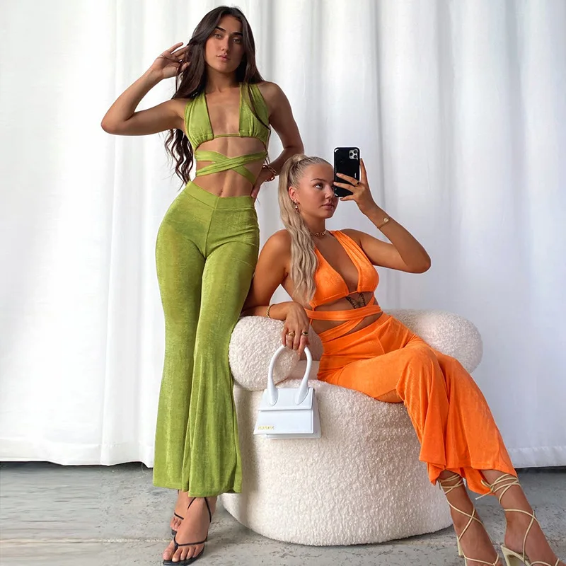 

J201 Sexy Bandage Backless Top and Pant Sets Sleeveless Solid Women's Sets Fashion Outfits Matching Set Flare Pants, As picture shown or customized following customer design