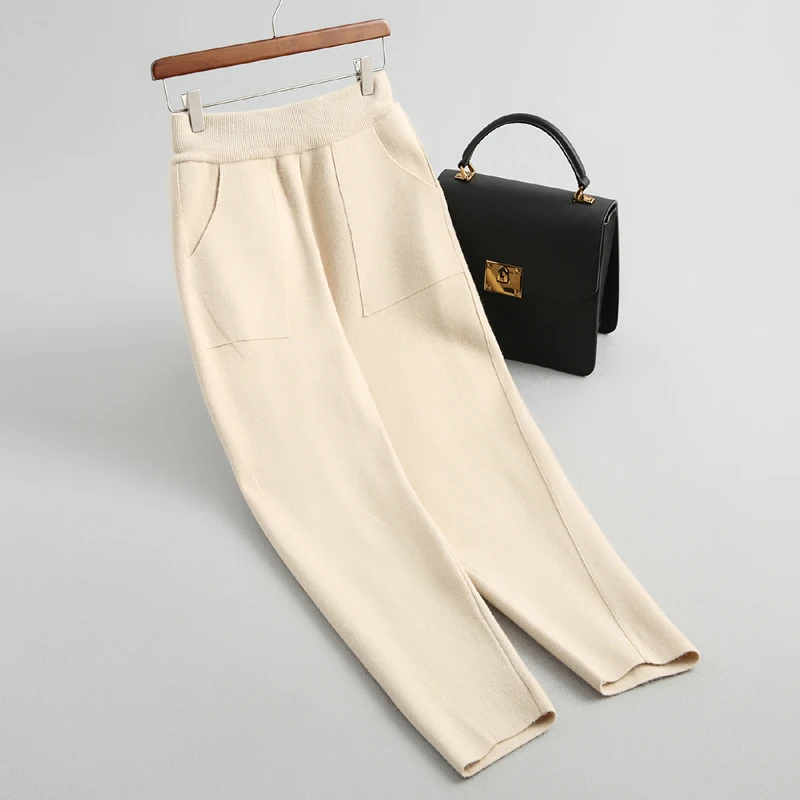 

A337 High Waist Solid Color Winter Warm Chunky Sweater Pants Women Match All Elegant Trousers