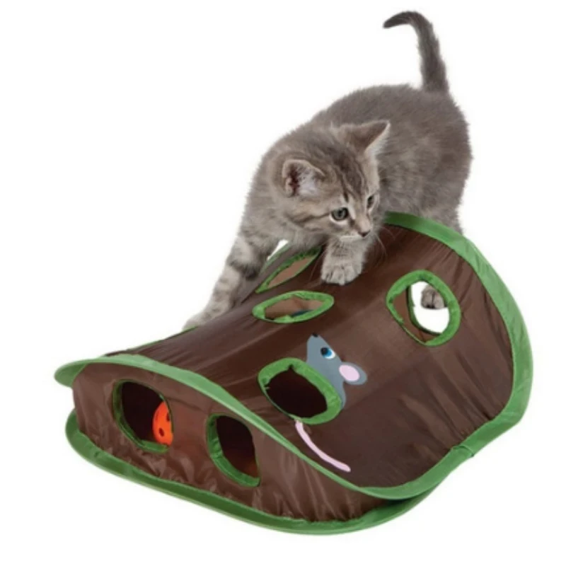 

Pet Cat Mice Game Intelligence Toy Bell Tent With 9 Hole Cats Playing Tunnel Foldable Mouse Hunt Toys Keeps Kitten Active Pets, Army green