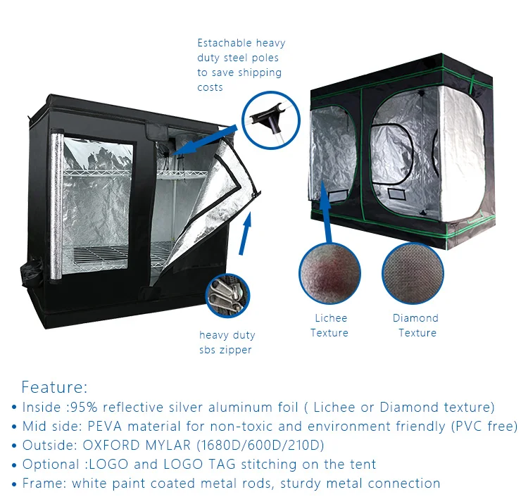 
Greenhouse Manufacturer Highly Reflective Fabric 600D Durable Mylar Plant 150*150*200cm Grow Tent 