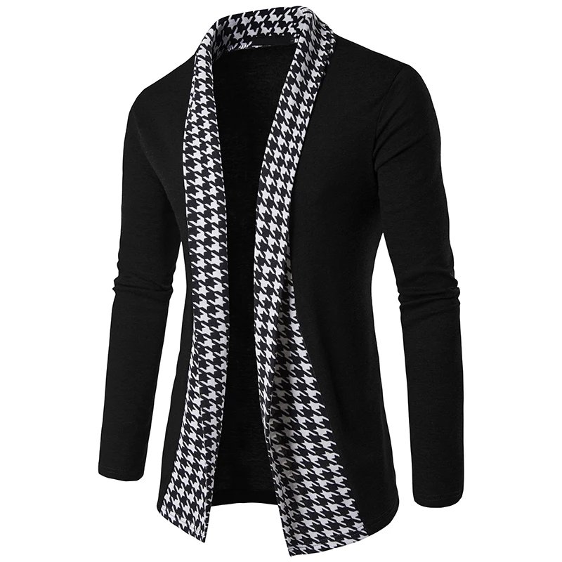 

New Design Mens Houndstooth Shawl Collar Sweater Coat Mid-length Open Front Knitted Cardigan, Different colors and support to customized