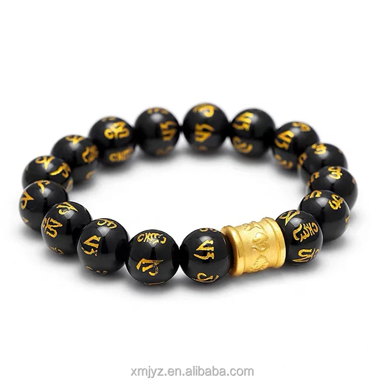 

Certified Hard 24K Gold Six Character Proverb With Agate Beads Leather Rope Bracelet Hard Gold Pure Gold Bracelet Transfer Beads