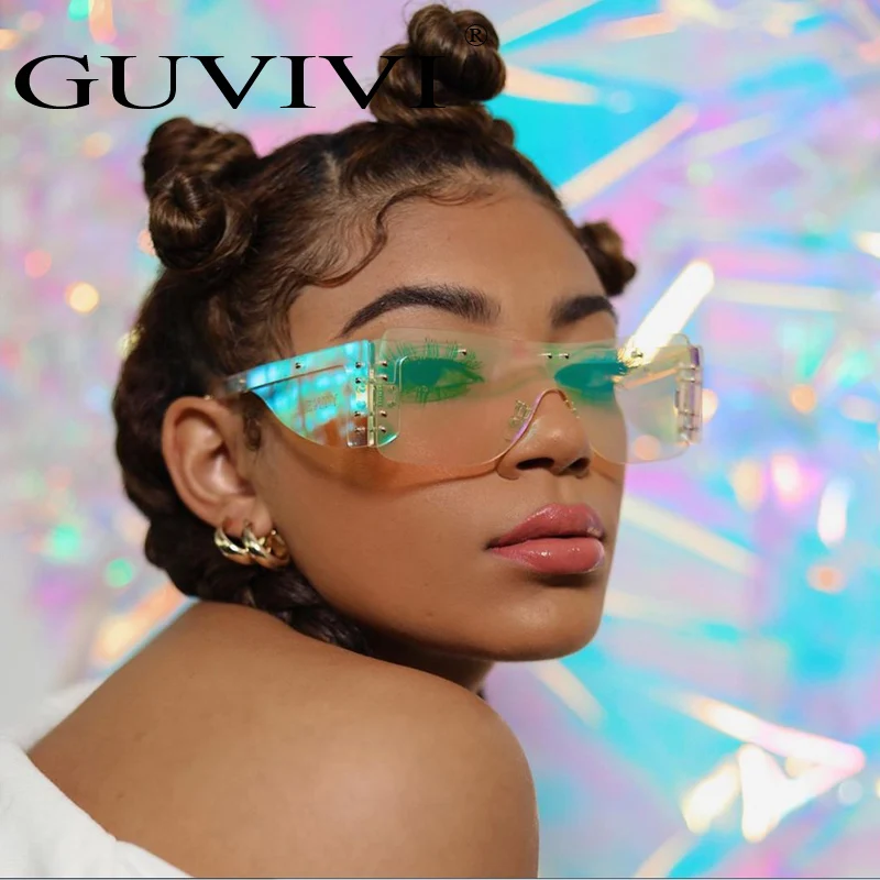 

GUVIVI 2019 New Mirrored One-piece China Oem women sunglasses Oversized Stylish sunglasses for women, Pink,rose gold,red,blue,green