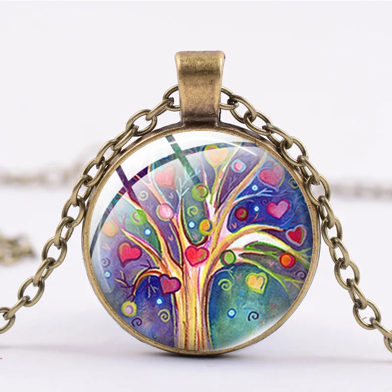 

Wishing Heart Tree Of Life Glass Cabochon Pendant Necklace Jewelry Vintage Charm Chain Choker Steampunk Jewelry Gift for Women