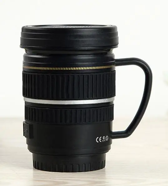 

High Quality Creative Stainless Steel Camera Lens Coffee Mug with Handle, Black,white