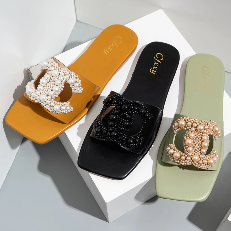 

Customized Colors Online Hot-selling womens best flats pearl slides slippers for women, 3 colors flats slippers