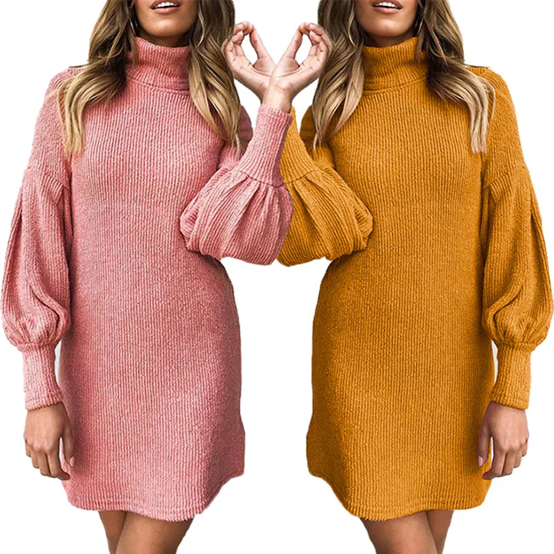 Autumn Women Casual Dresses Lantern Sleeve Dress Knitted Fashion Ladies Sweater Dress