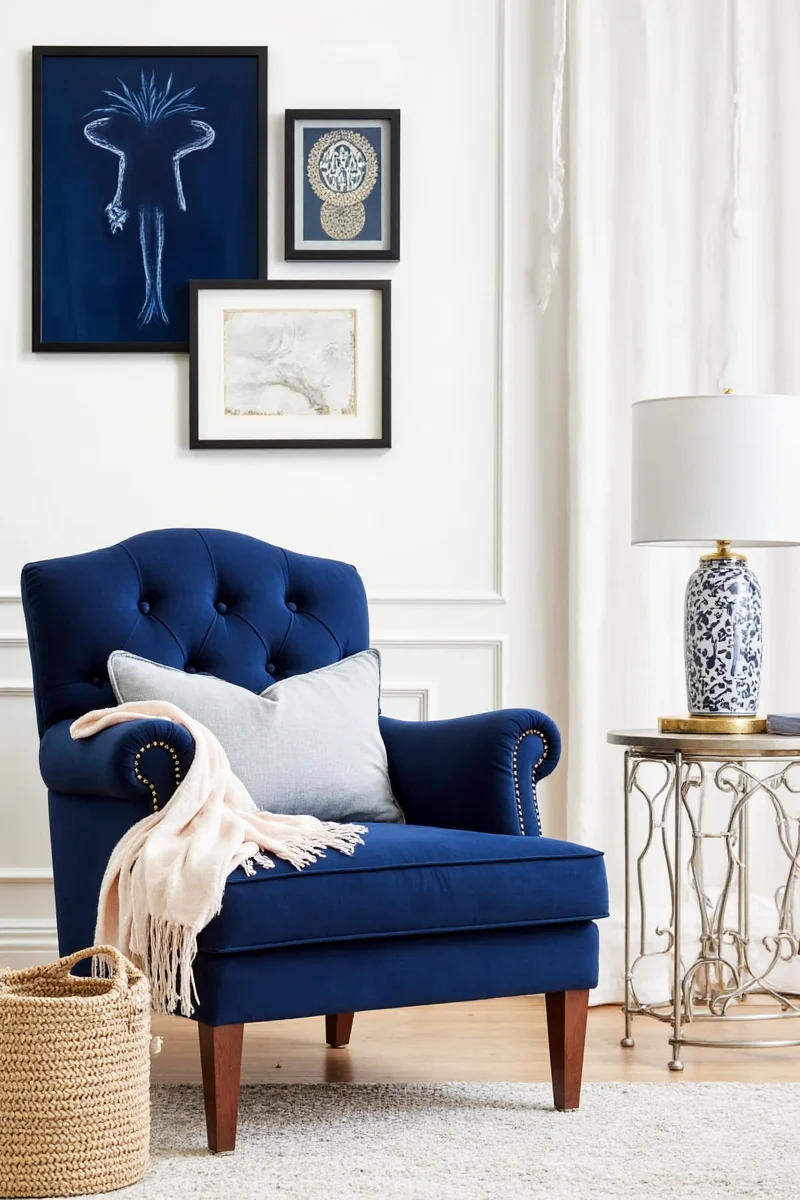 Navy blue framed artwork hanging on a wall