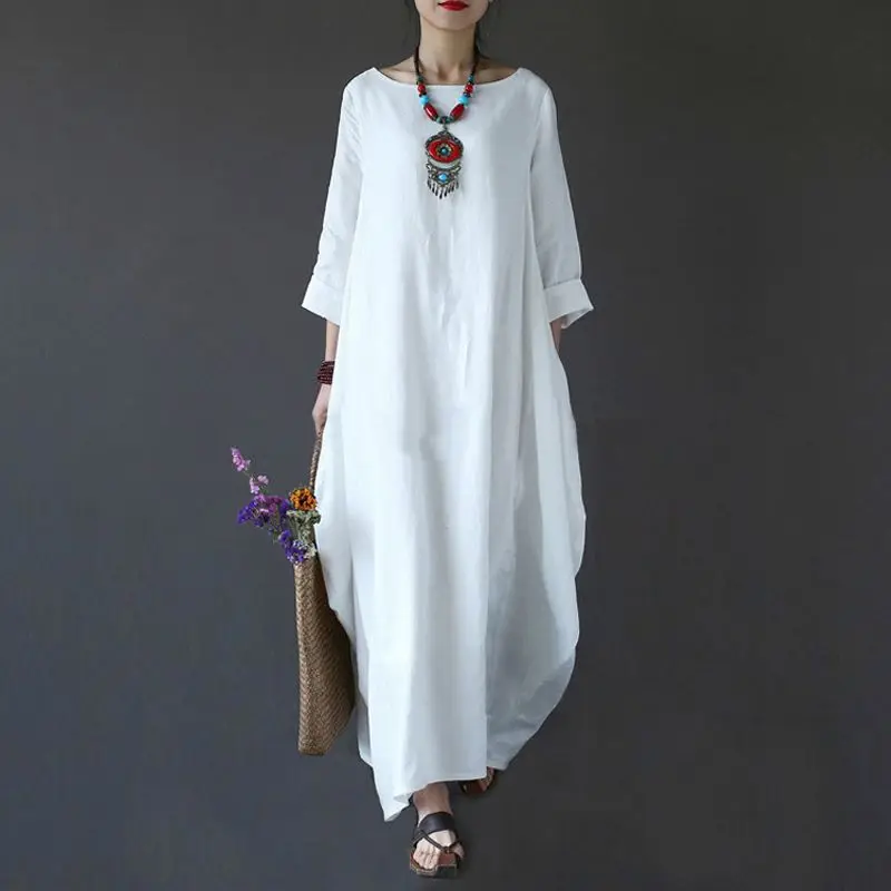 

2019 newest design women loose linen dress long pure color big size harajuku dress