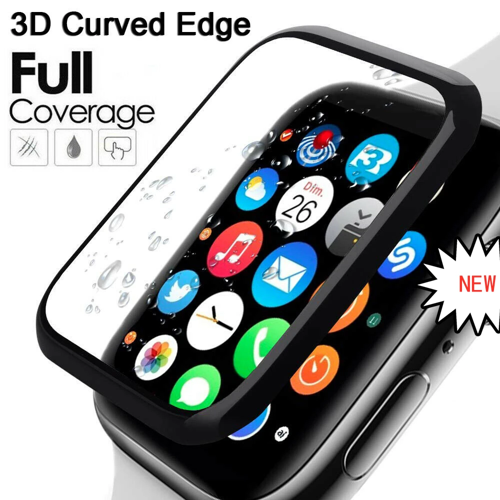 

3D Curved Edge Full Curved Tempered Glass Screen Protector For Apple Watch 38 40 44 45mm 41mm T500 iWatch Protective Film, Black/clear