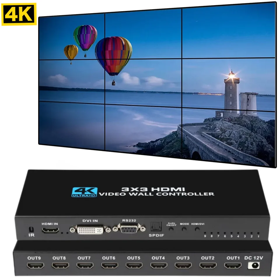 

3x3 9 screen 4K HDMI DVI TV Video wall Controller 1X2 1X4 1X3 2x2 2x3 3x2 4X2 2X4 multi video screen processor switcher splicer