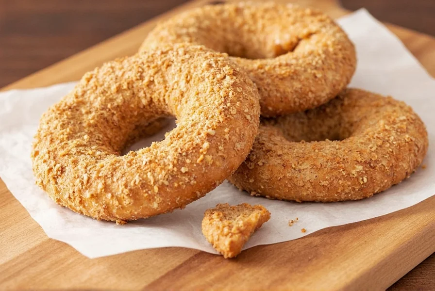 Close-up of cinnamon crunch topping sprinkled on a toasted everything bagel with visible texture and melted butter
