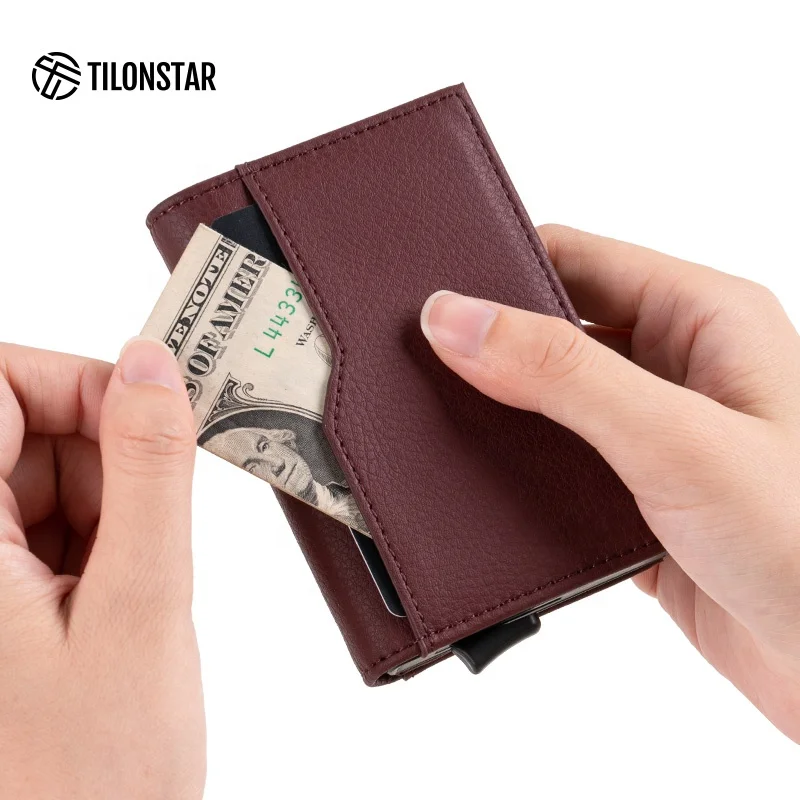 

Minimalist Genuine Leather Credit Card Holder Slim Automatic RFID Blocking Pop Up Wallet For Men Women