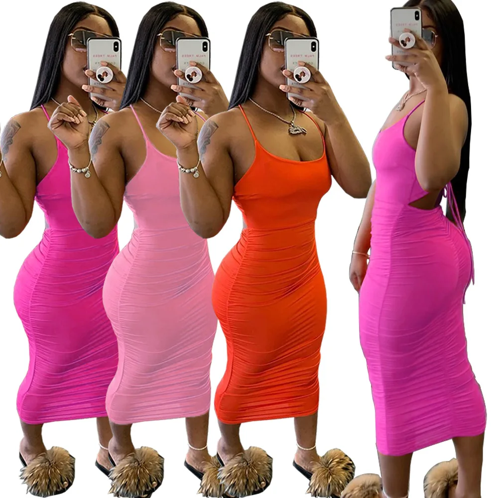 

New trend sexy suspender womens summer dresses pleated open back maxi dress women