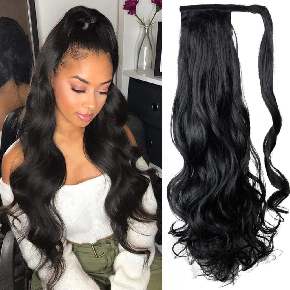 

Body wave human hair wrap around black women long wavy brazilian Remy extensions clip high human ponytail wig