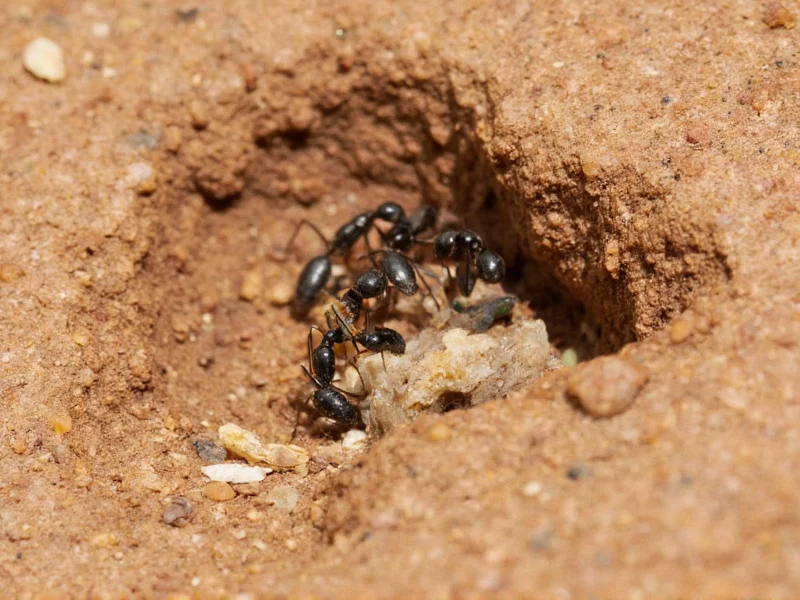 Close-up of ants carrying sugar bait to nest