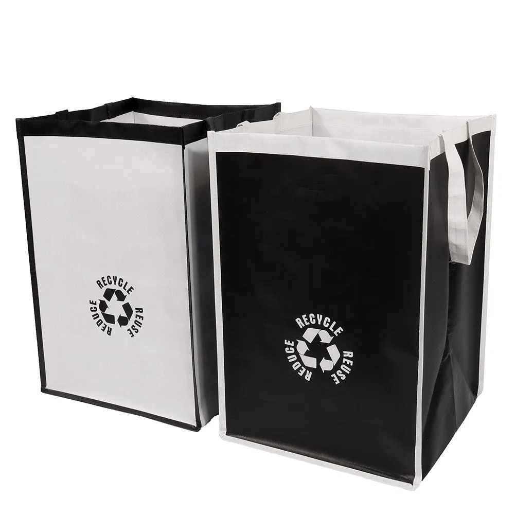 

Household fold garbage trash sorting bins waterproof woven PP recycling waste bag, Black/white