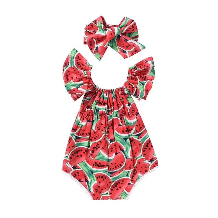 

0-2t Baby Girls Rompers Infant Summer Jumpsuit Headband Set Watermelon cartoon Print romper, Customized color