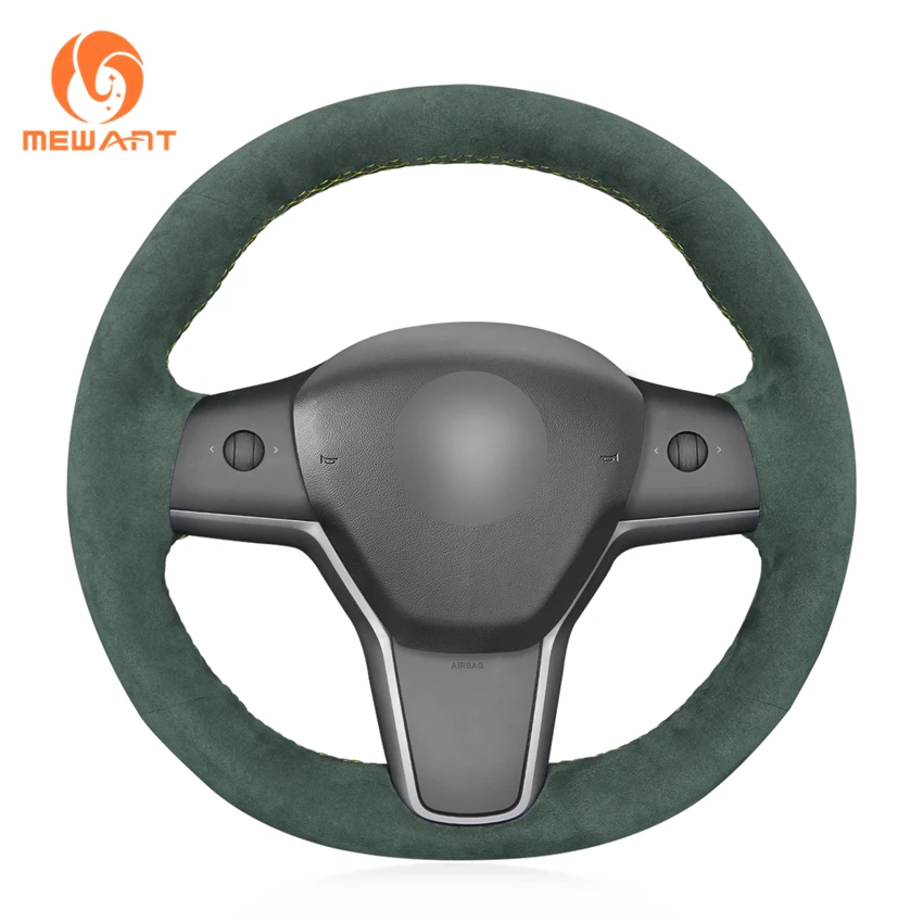 

MEWANT Electric Vehicle Interior Accessory For Tesla model 3 Custom Hand-stitched Green Alcantera Steering Wheel Cover Car Wrap