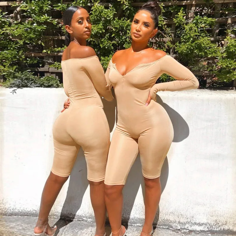 

Yingchao 2020 Fall Wholesale New Arrivals Sexy Off Shoulder Solid Color Zipper Bodycon Rompers Jumpsuits for Women one Piece
