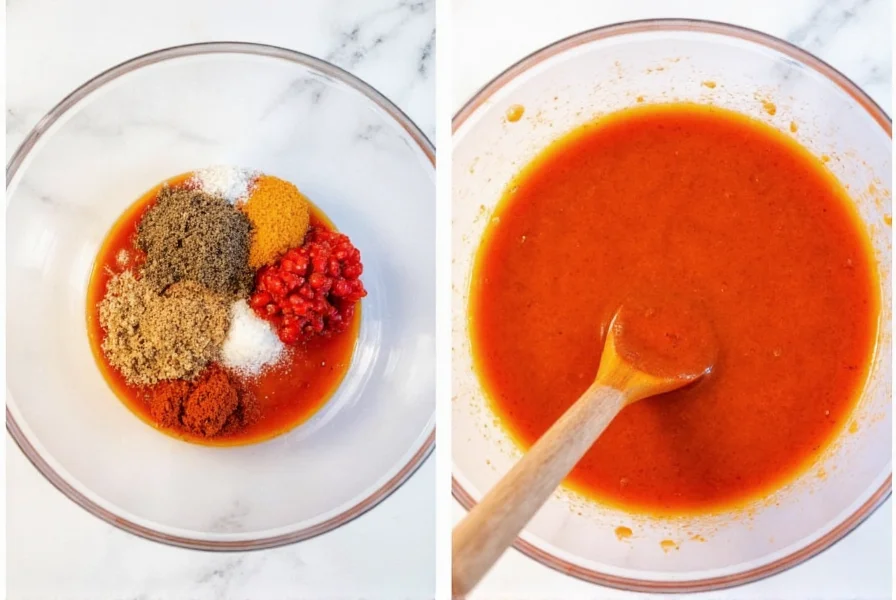 Step-by-step preparation of homemade sriracha substitute showing ingredients mixing in bowl