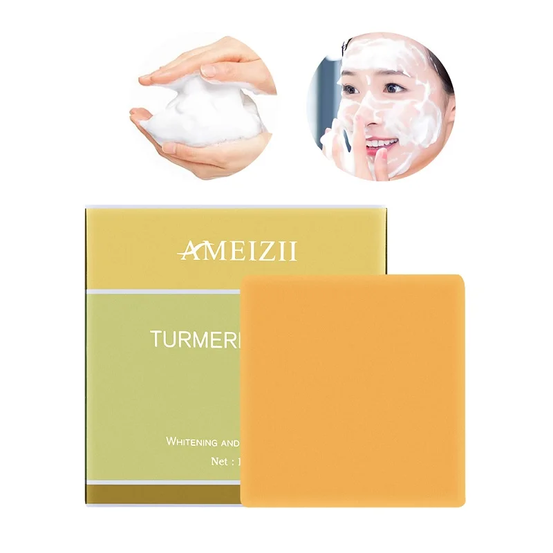 

AMEIZII Organic Turmeric Soap Essential Oil Savon Lamina de Jabon Whitening Skin Bleaching Acne Pore Deep Cleansing Soap Bar