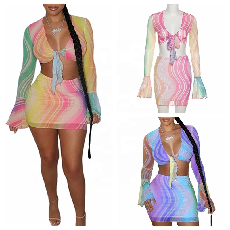 

Best Selling Products 2021 In USA Amazon Sexy Long Sleeve Mesh Crop Top Summer 2 Piece Skirt Sets